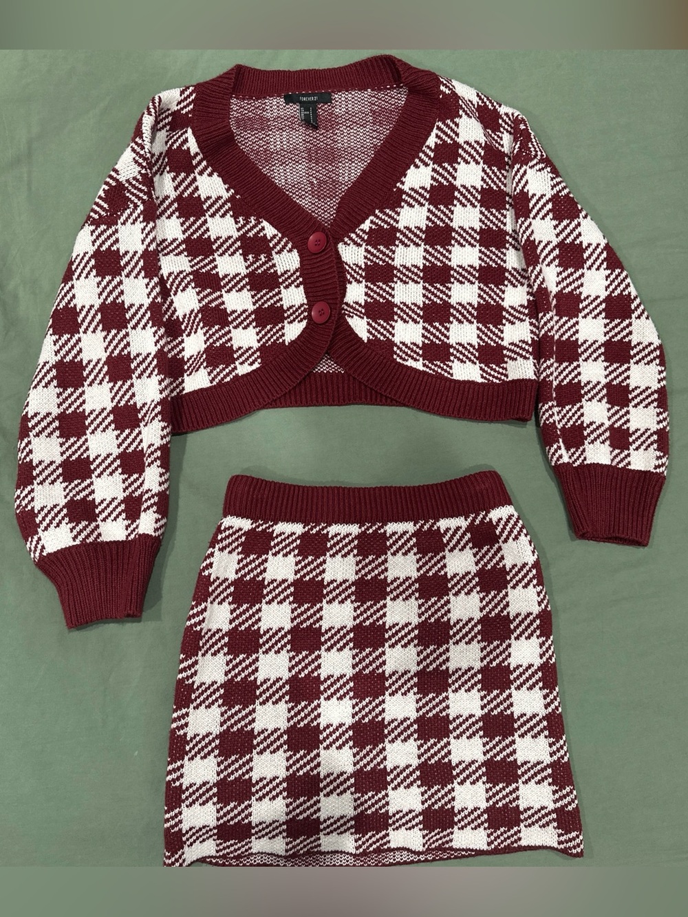 Forever 21 Burgundy & White Cardigan and Sweater Skirt Set